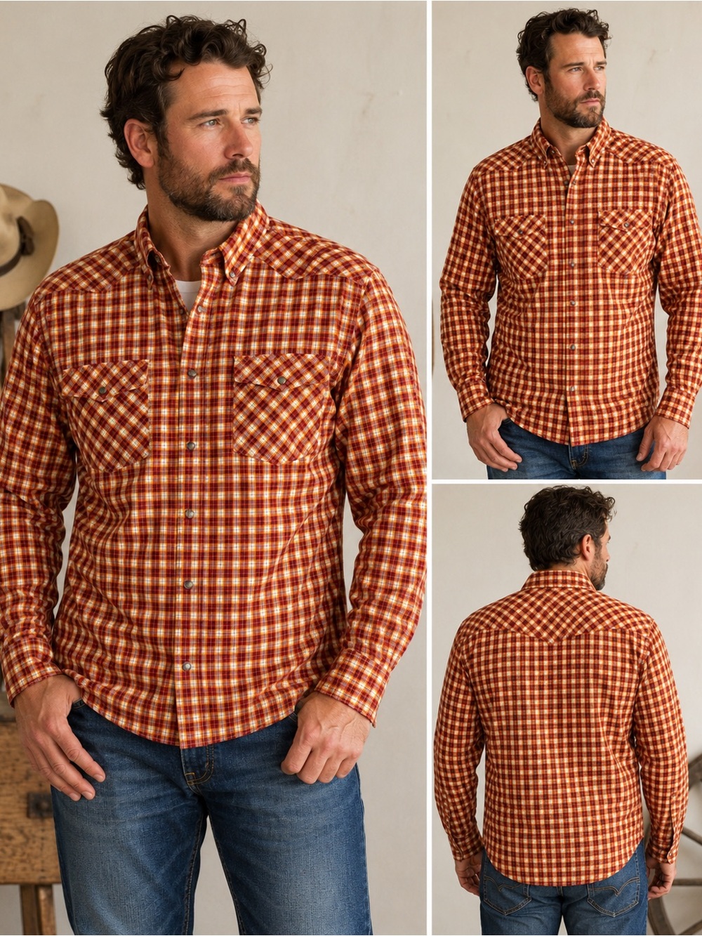 JACHS Shirt Co XL Plaid Western Pearl Snap Shirt Orange Brown Cotton EUC